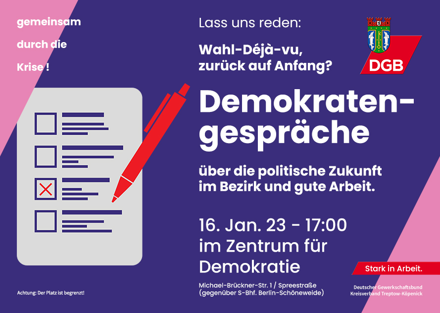Share Pic DGB Demokratengespräche zur BVV Wahl 16 Jan um 17 Uhr im ZfD, links sieht man einen Wahlzettel mit Stift