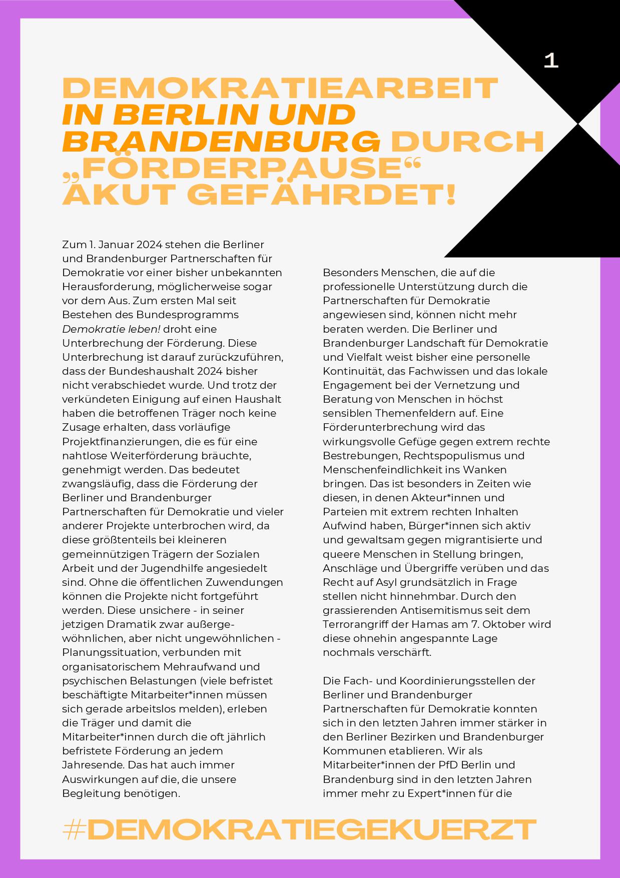 Demokratiearbeit in Berlin und Brandenburg durch Foerderpause akut gefaehrdet 23 001