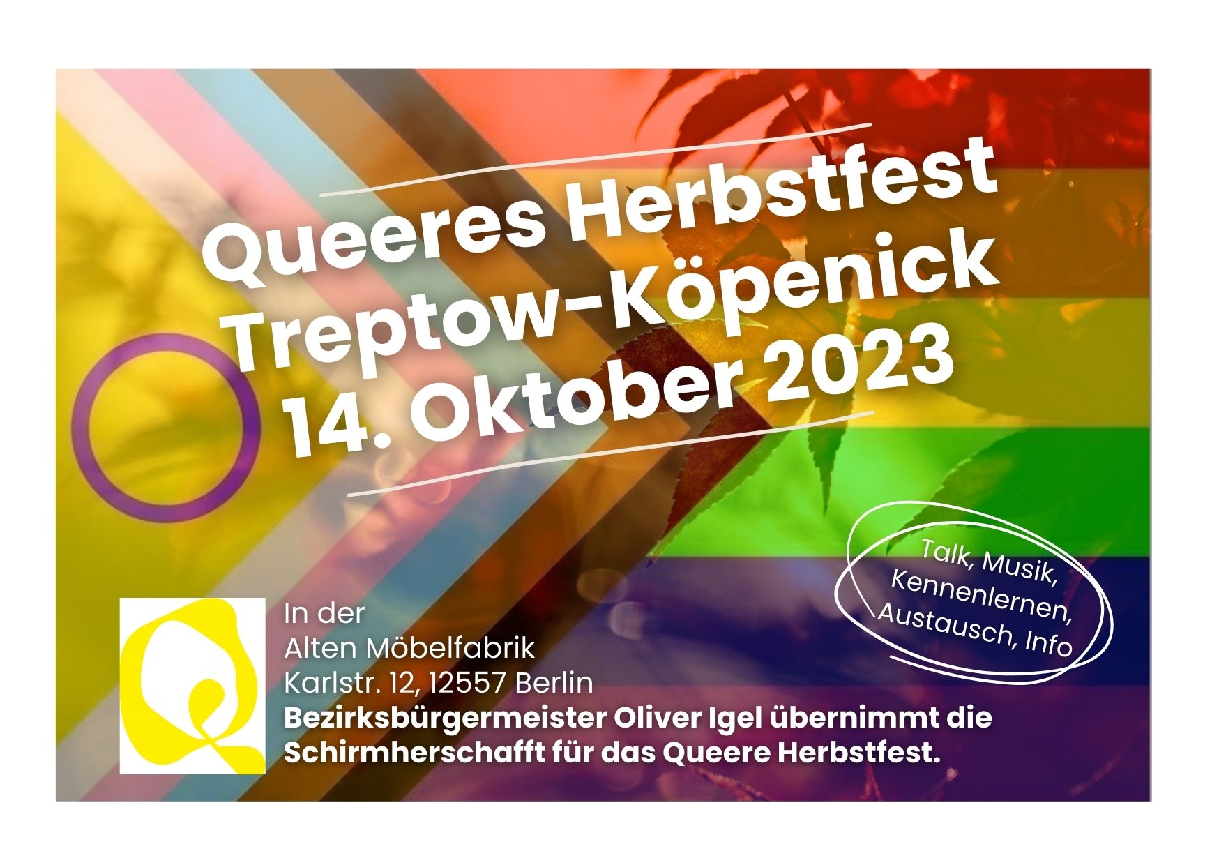 Text: Queeres Herbstfest Treptow-Köpenick 14. Oktober 2023 mit Informationen (siehe unterer Text), Hintergrund: Progressive Pride Flag